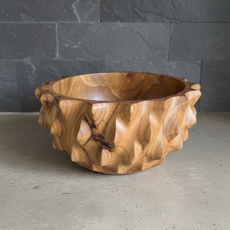 Sunburst Wood Bowl - Hand-Carved Acacia Wood Sculptural Bowl – Artisan Statement Serving & Décor Piece