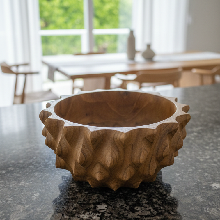Sunburst Wood Bowl - Hand-Carved Acacia Wood Sculptural Bowl – Artisan Statement Serving & Décor Piece