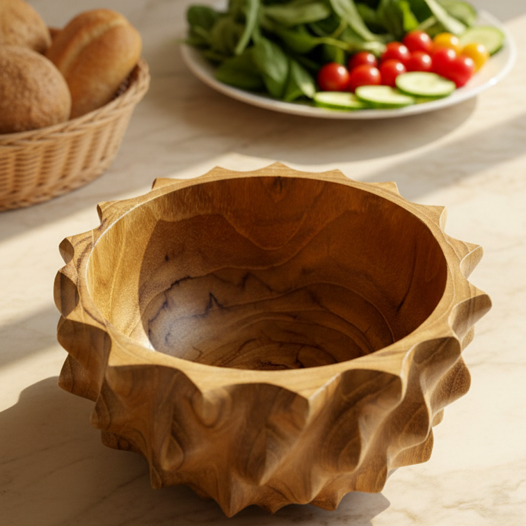 Sunburst Wood Bowl - Hand-Carved Acacia Wood Sculptural Bowl – Artisan Statement Serving & Décor Piece