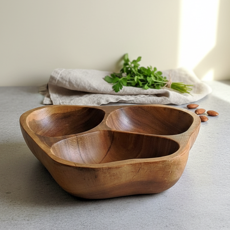 Solace Divided - Handcrafted 3-Section Wooden Serving Bowl – Organic Divided Snack & Appetizer Tray