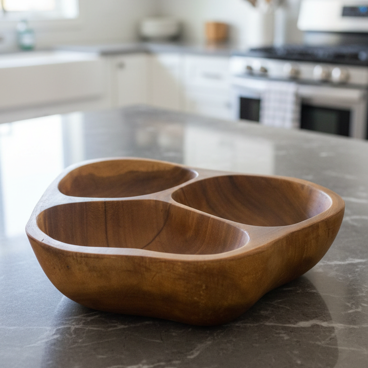 Solace Divided - Handcrafted 3-Section Wooden Serving Bowl – Organic Divided Snack & Appetizer Tray