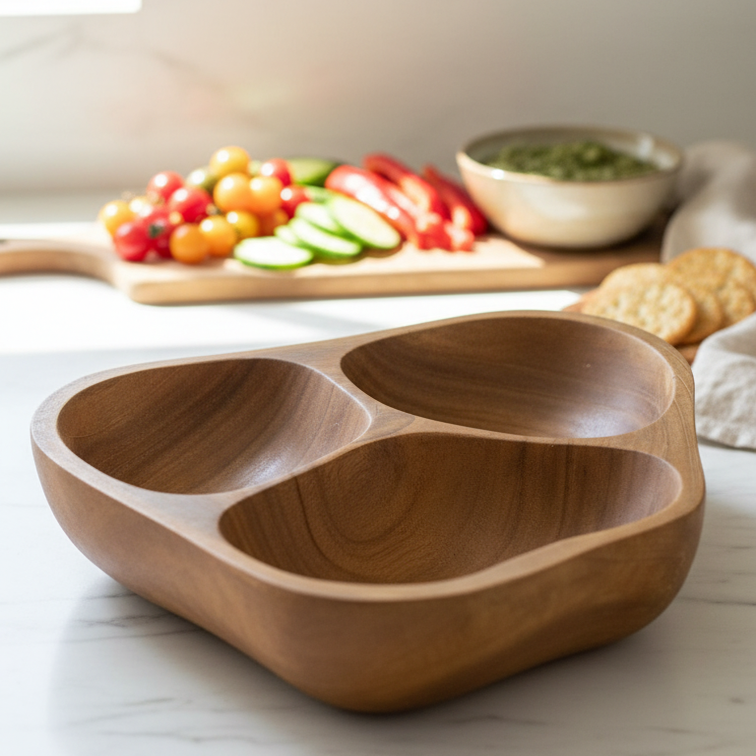 Solace Divided - Handcrafted 3-Section Wooden Serving Bowl – Organic Divided Snack & Appetizer Tray