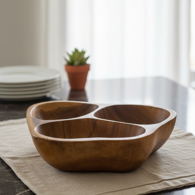 Solace Divided - Handcrafted 3-Section Wooden Serving Bowl – Organic Divided Snack & Appetizer Tray
