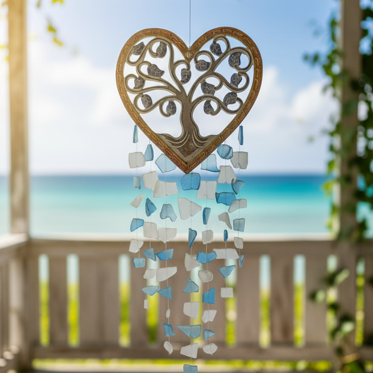 Heart-Shaped Tree of Life Wind Chime – Handcrafted Glass & Metal Hanging Décor