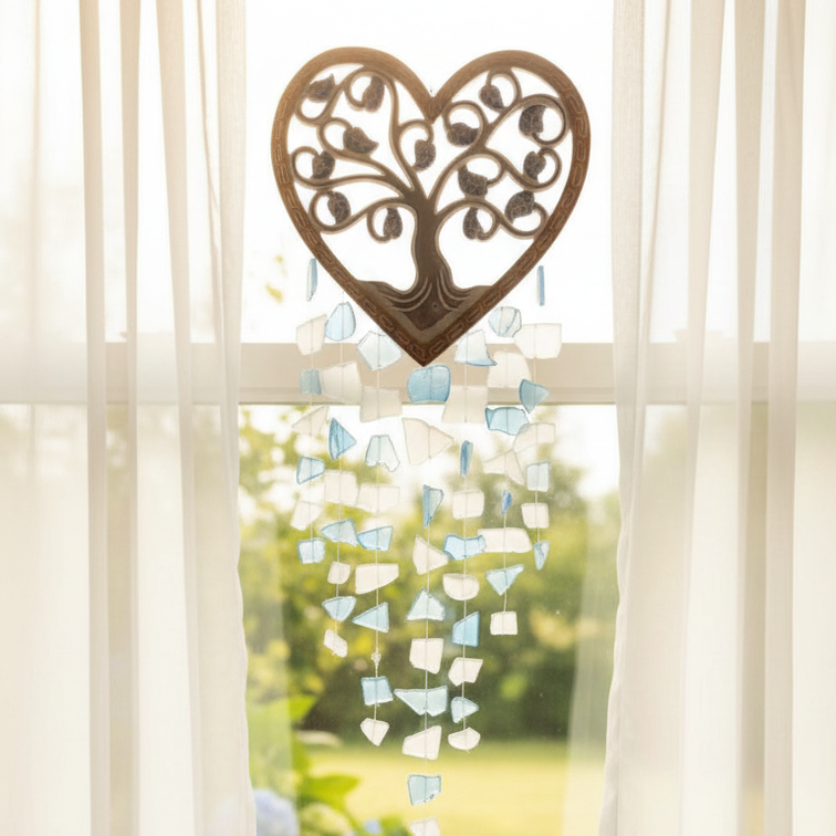 Heart-Shaped Tree of Life Wind Chime – Handcrafted Glass & Metal Hanging Décor