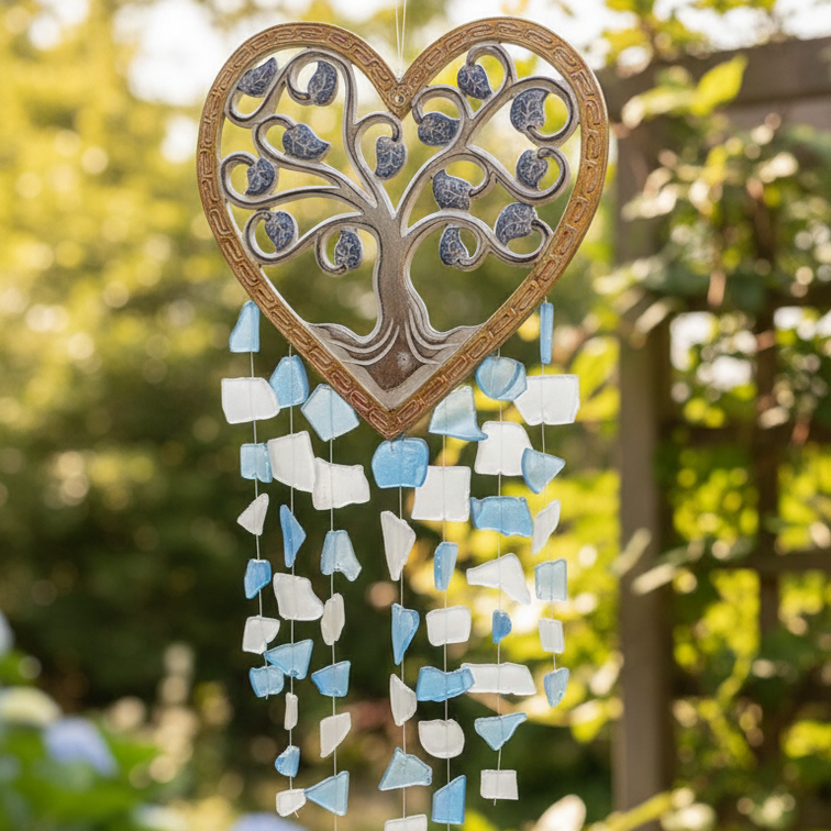 Heart-Shaped Tree of Life Wind Chime – Handcrafted Glass & Metal Hanging Décor