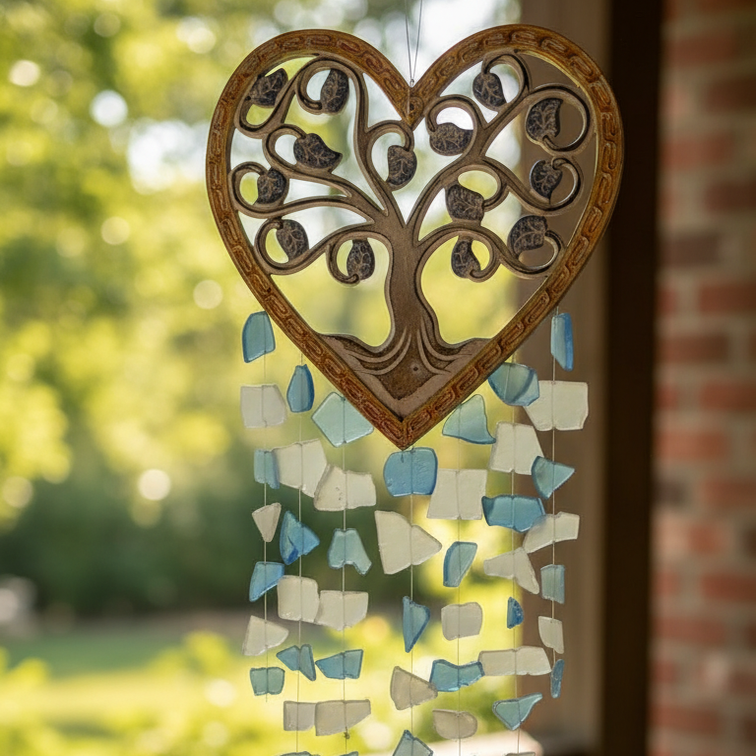 Heart-Shaped Tree of Life Wind Chime – Handcrafted Glass & Metal Hanging Décor