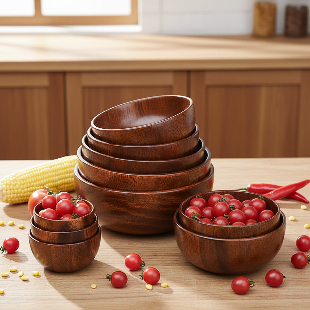 Acacia Wooden Bowl, Teak Lacquer Wooden Bowl, Hand-Polished, Household Tableware, Dessert, Salad, Fruit, Japanese Pattern