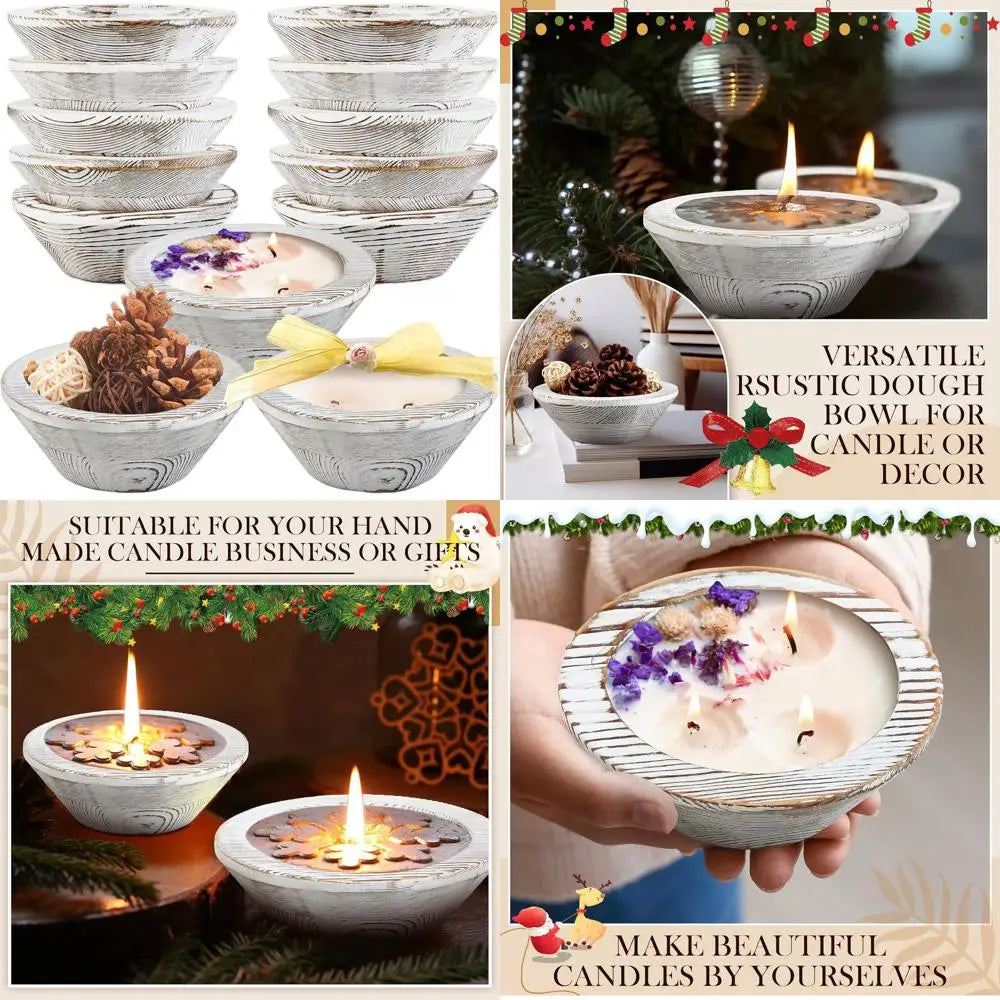 Set of 10 Distressed White Wooden Bowls for Candle Making, Passover, and Vintage DIY Crafts