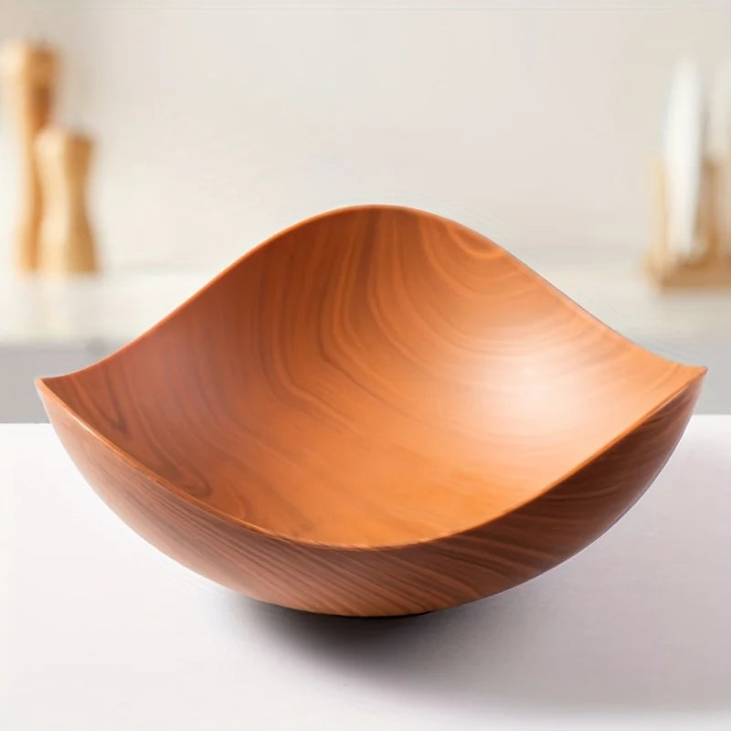 Large Wood Grain Salad Bowl - Durable Plastic Serving Dish for Party, Wedding, Buffet. Easy-Clean Fruit & Candy Container.