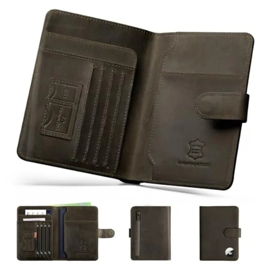 Passport Holder for Travel: Full Grain Leather Passport Cover with Airtag Holder Magnetic Buckle for Men - RFID Blocking Bifold