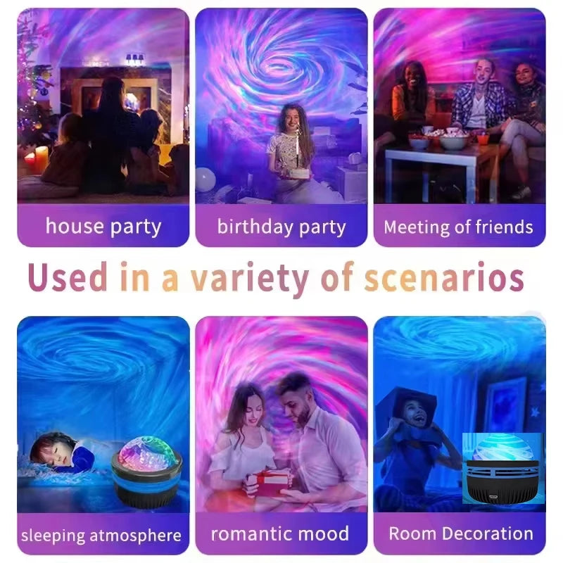 Collage of images showing different uses of a light projector, including house party, birthday party, meeting of friends, sleeping atmosphere, romantic mood, and room decoration.