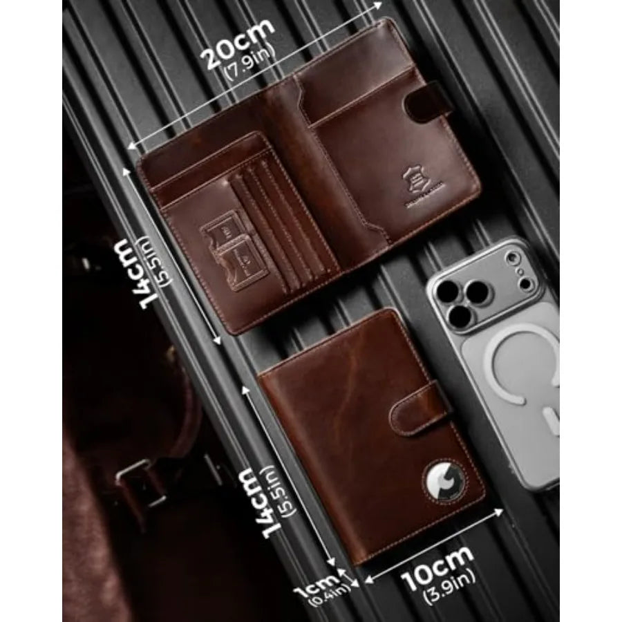 Passport Holder for Travel: Full Grain Leather Passport Cover with Airtag Holder Magnetic Buckle for Men - RFID Blocking Bifold