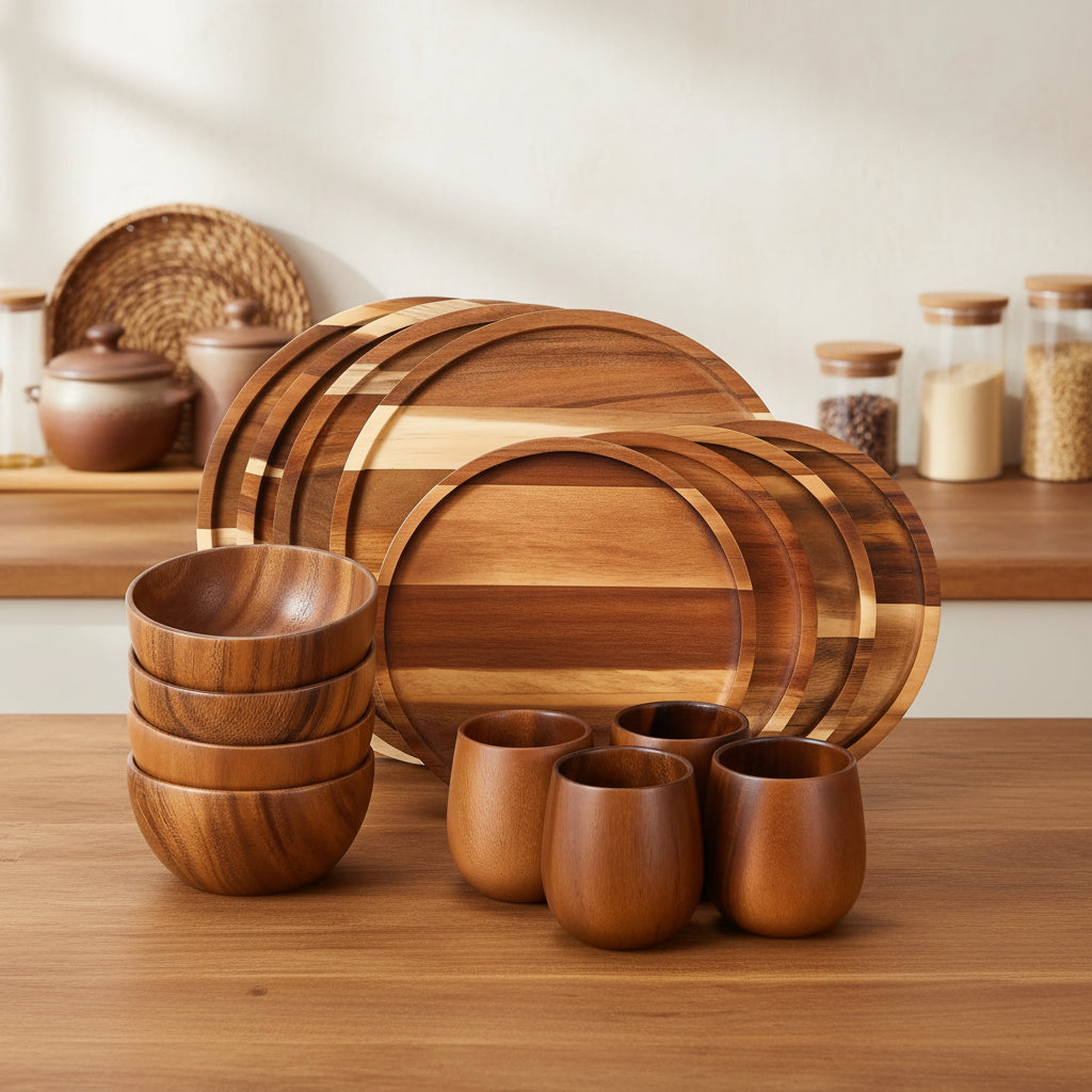 16-Piece Acacia Wood Dinnerware Set: Round Plates, Bowls, Tea Cups for 4 - Easy Clean & Lightweight