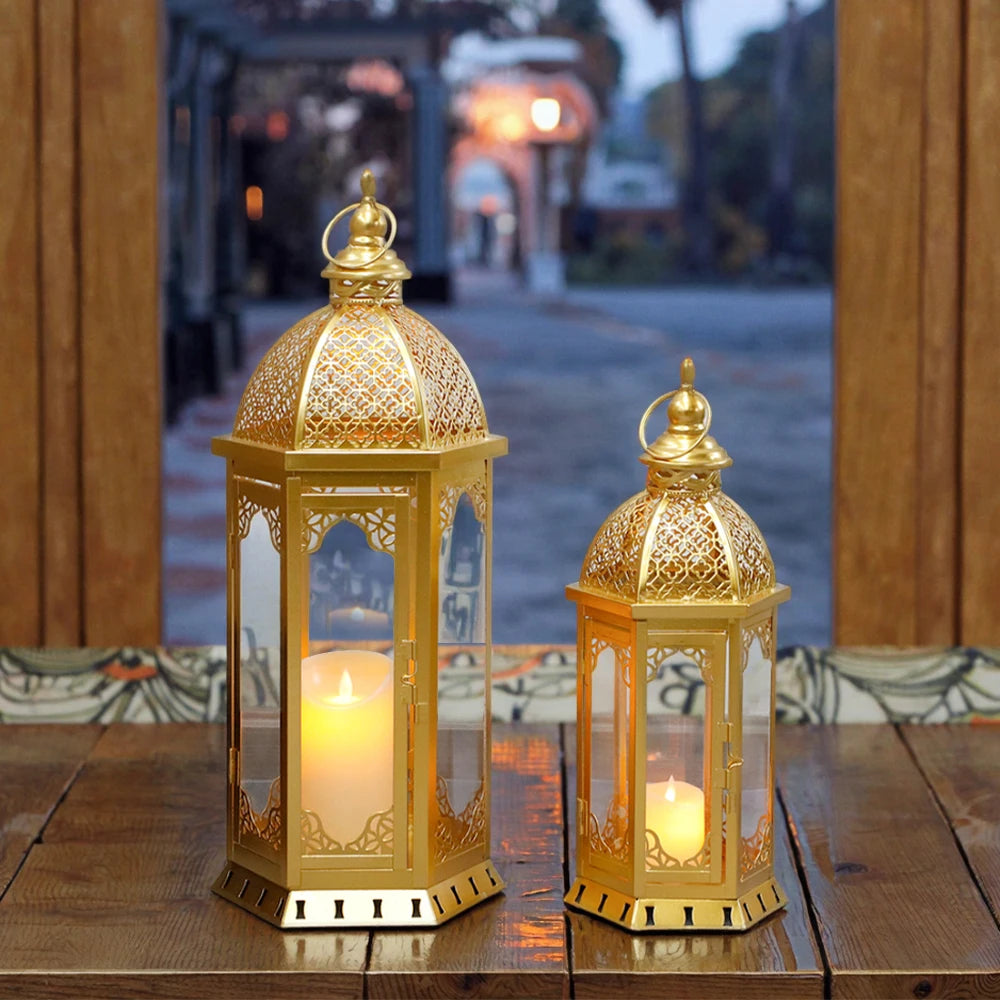 Set of 2 Decorative Candle Lanterns 22"&17" H Vintage Metal Candle Holderr(Gold)