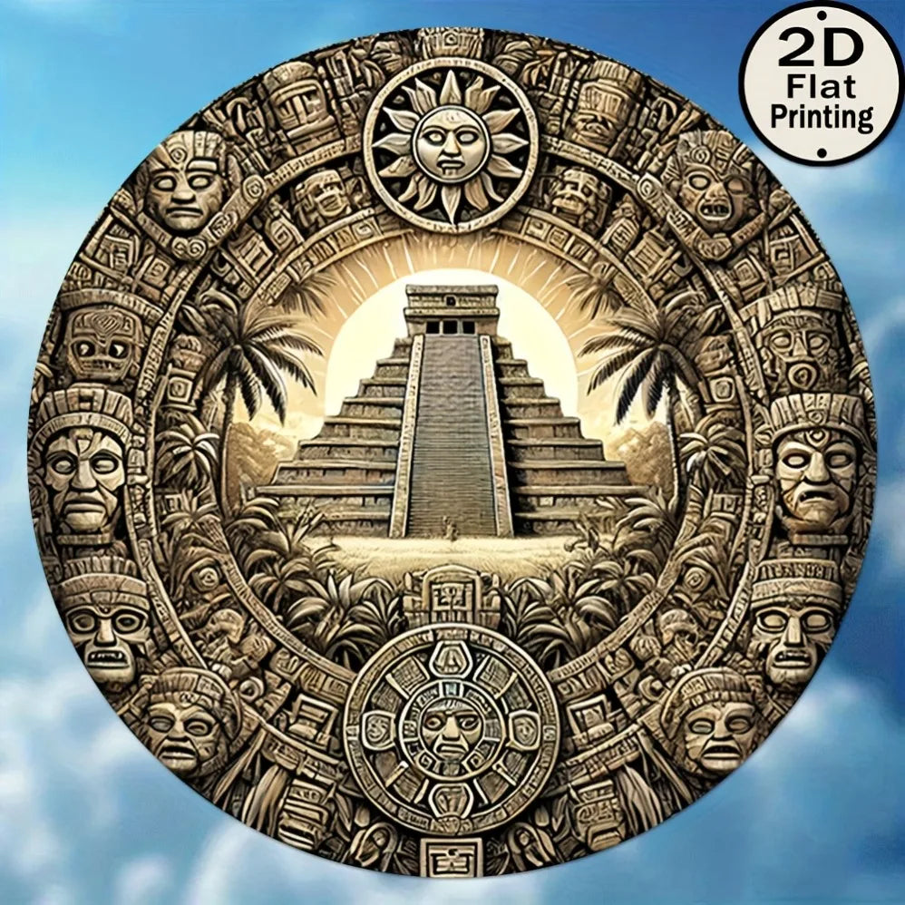 Mayan Aztec Inspired 2D Flat Metal Sign 8 Round Vintage Decor with Pyramid of the Sun Lit Outlet