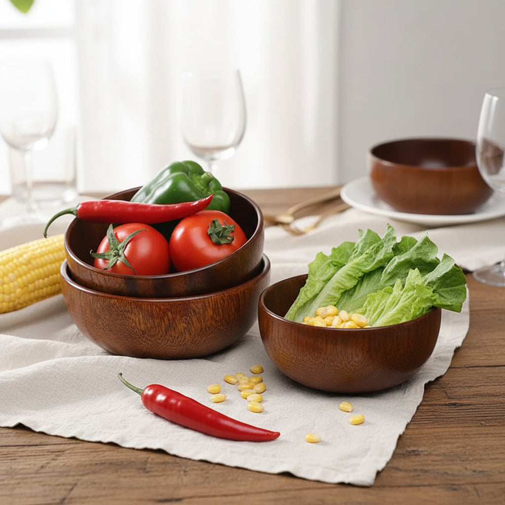 Acacia Wooden Bowl, Teak Lacquer Wooden Bowl, Hand-Polished, Household Tableware, Dessert, Salad, Fruit, Japanese Pattern