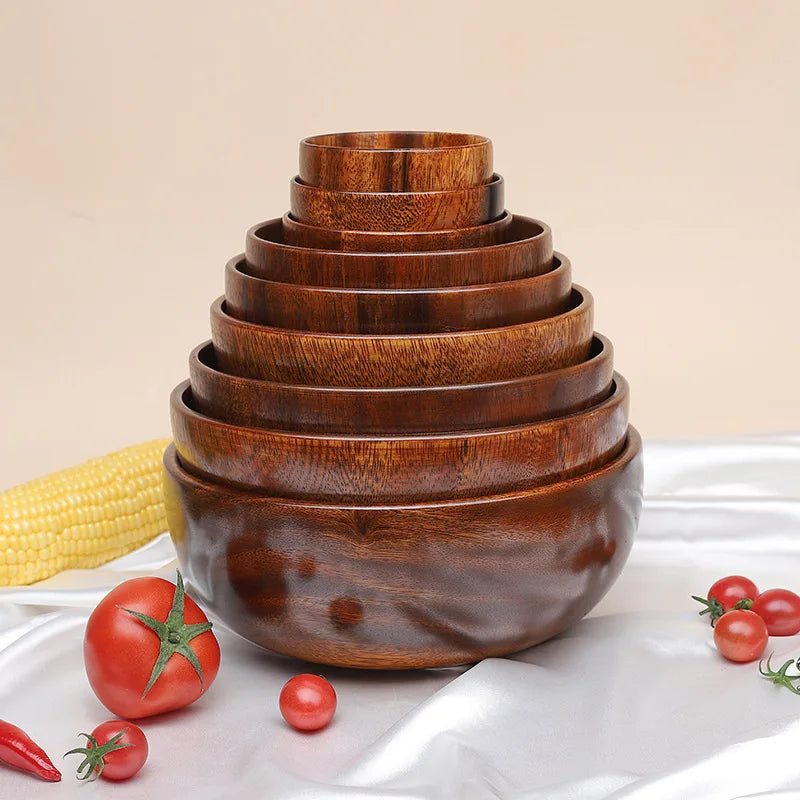 Acacia Wooden Bowl, Teak Lacquer Wooden Bowl, Hand-Polished, Household Tableware, Dessert, Salad, Fruit, Japanese Pattern