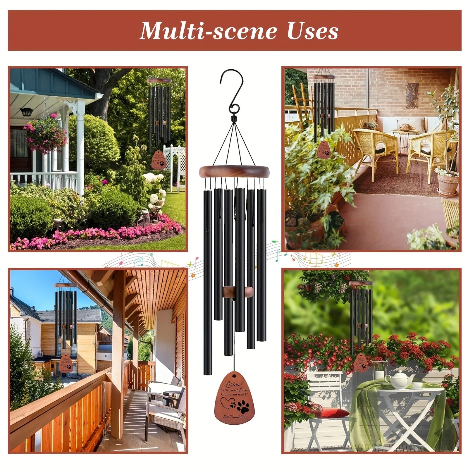 Dog Memorial Wind Chimes - Sympathy Gift for Pet Loss, Metal Tubes & Consolation Gift Cards (Black) | Bereaved Gift for Dog Love