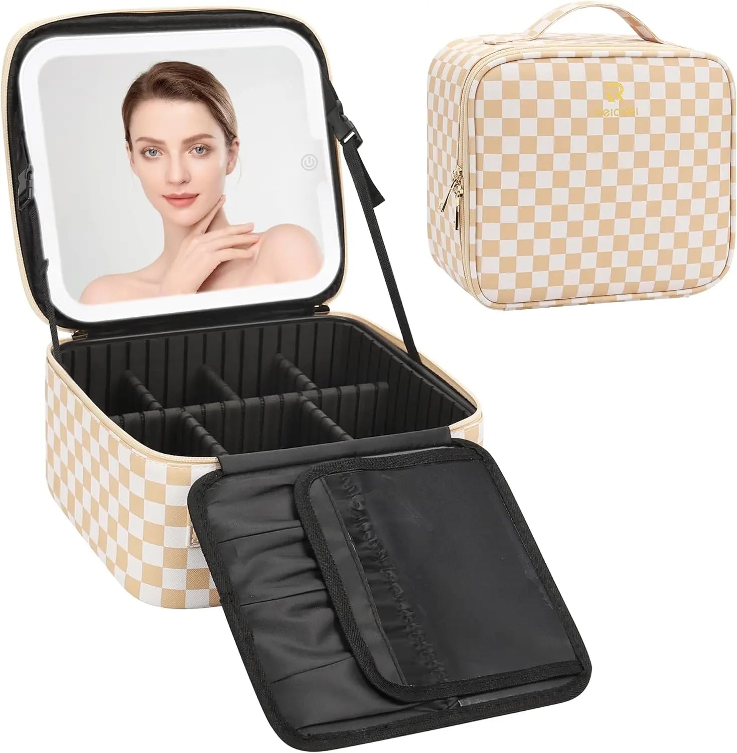 Travel Makeup Bag with LED Mirror Portable Cosmetic Organizer with Adjustable Dividers and Brush Holder in Plaid Design Lit Outlet