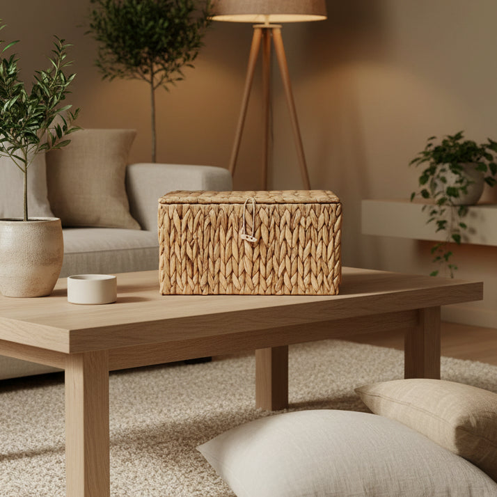 Rectangular Woven Basket with Lid Heavy Duty Decorative Storage Box for Organizing Home Office Bedroom Storage Bins for Shelves