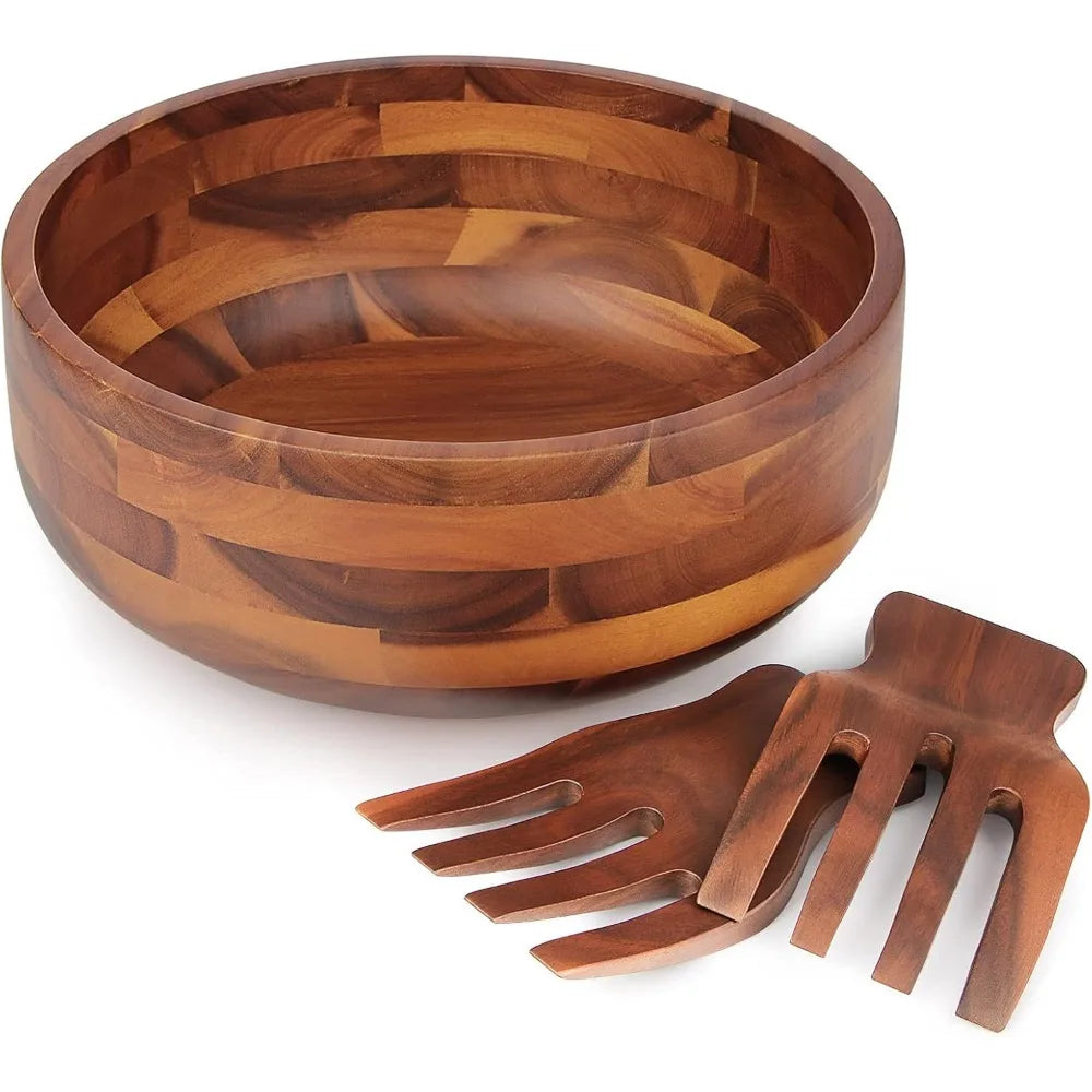 Large Acacia Wood Salad Bowl Set with 2 Wooden Hands Mixing Bowl for Fruits Salad Cereal 11 x 45 Lit Outlet