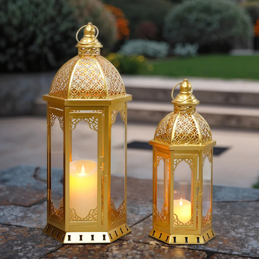 Set of 2 Decorative Candle Lanterns 22"&17" H Vintage Metal Candle Holderr(Gold)