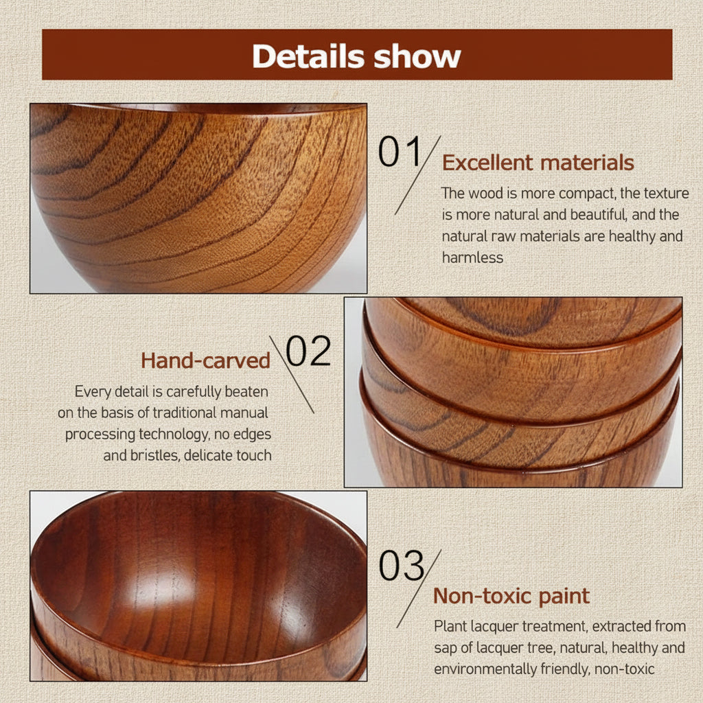 Japanese Style Wooden Bowl Natural Wood Tableware for Fruit Salad Noodle Rice Soup Kitchen Utensil Dishes Handmade Crafts