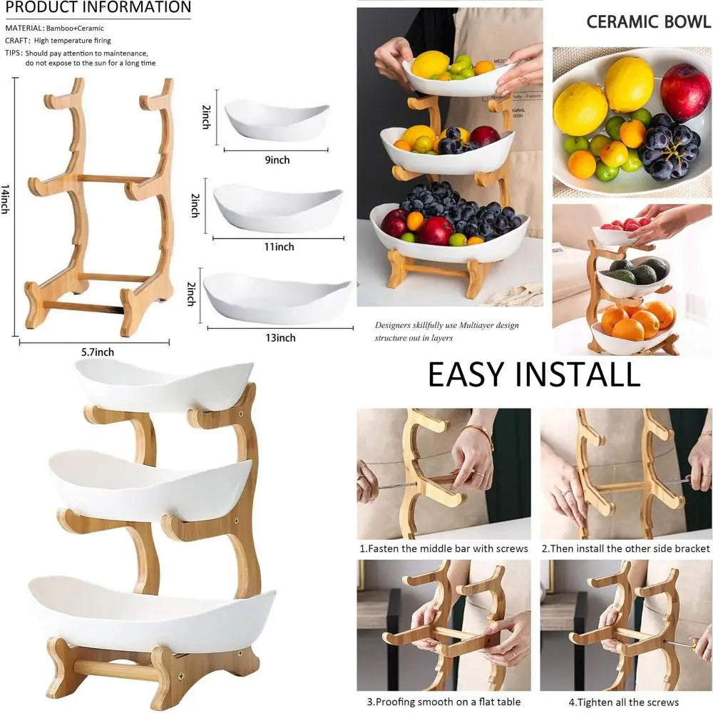 3-Tier Ceramic Fruit Bowl with Bamboo Stand - Kitchen Counter Storage for Fruits, Snacks, and Desserts