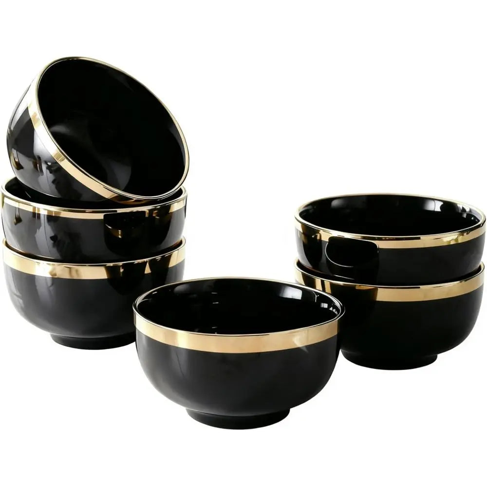 6Piece 20 oz Black Gold Trimmed Cereal Soup Salad Pasta Bowls Set Affiliated Shops