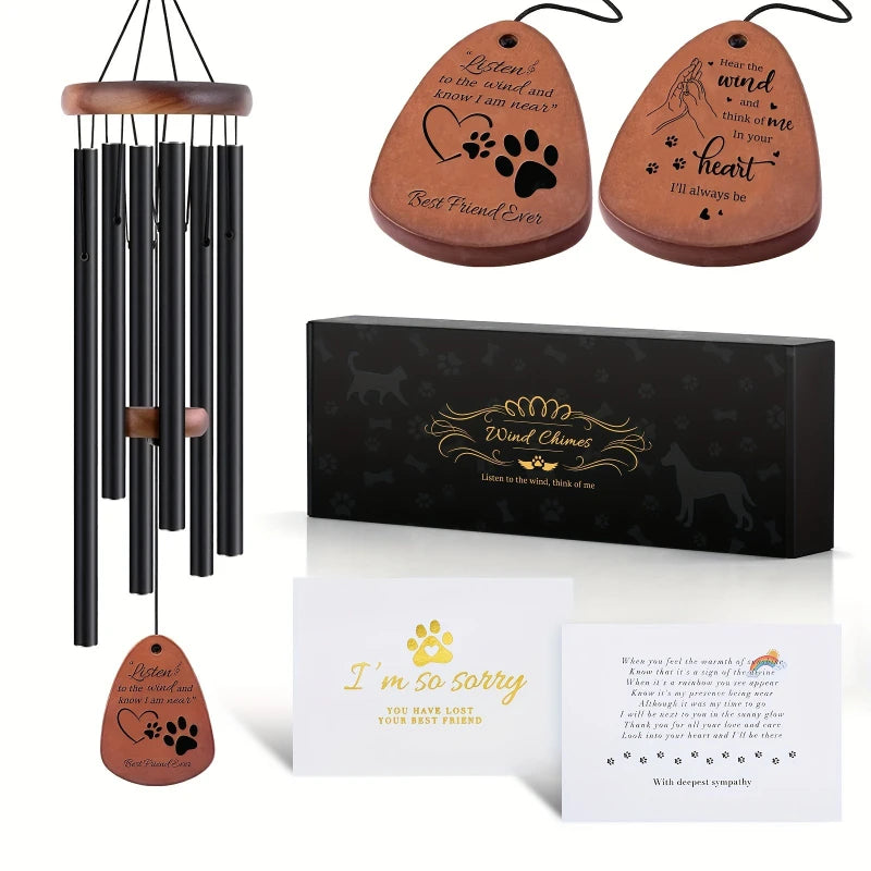 Dog Memorial Wind Chimes - Sympathy Gift for Pet Loss, Metal Tubes & Consolation Gift Cards (Black) | Bereaved Gift for Dog Love