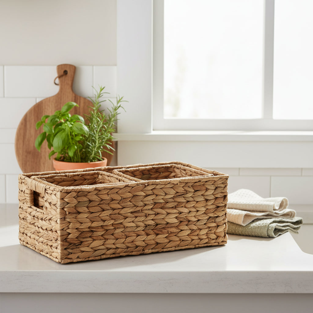 Natural Woven Water Hyacinth Storage Baskets Set of 3 Versatile Organizers Home Office Pantry Closet Bathroom Decor