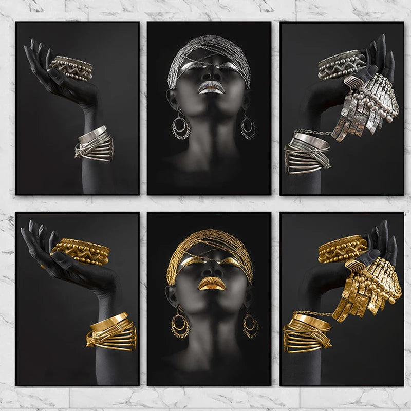 African Black Women with Gold Jewelry Wall Art Posters Living Room Prints Canvas Painting Home Modern Pictures Decor Cuadro Lit Outlet