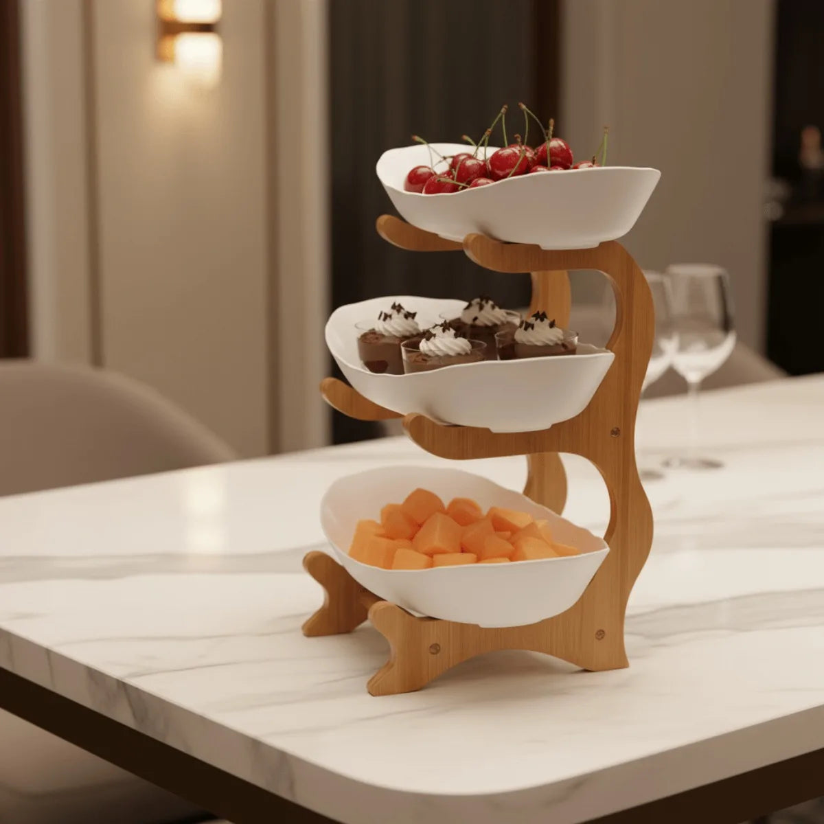 3 Tier Food Grade PP Serving Bowls Set Bamboo Wood Stand Large Capacity Yuanbao Shape Snack Dessert Fruit Tray Rack