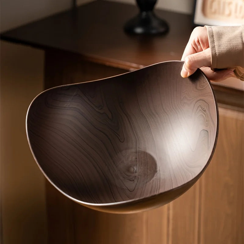 Large Wood Grain Salad Bowl - Durable Plastic Serving Dish for Party, Wedding, Buffet. Easy-Clean Fruit & Candy Container.