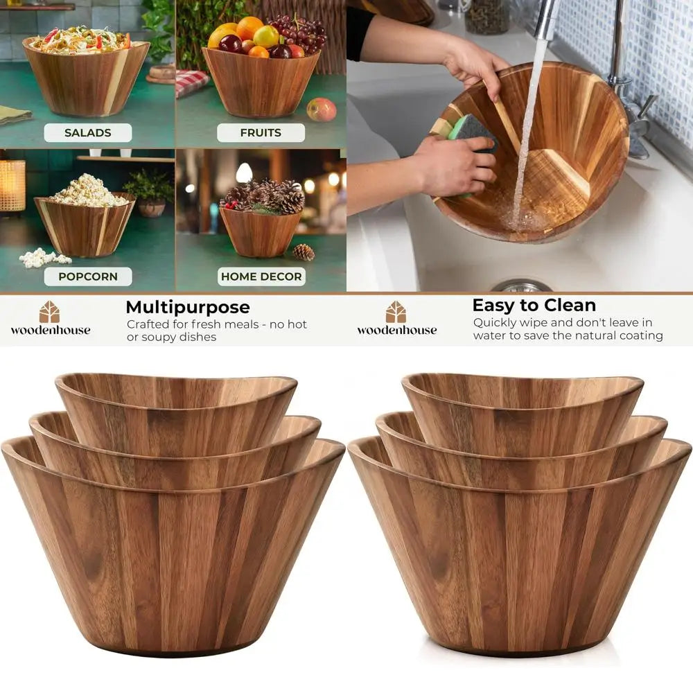 Set of 3 Wavy Design Wooden Salad Bowls - Handcrafted, Durable Natural Wood Serving Accessories