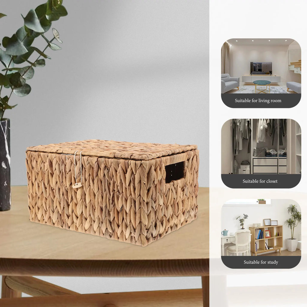 Rectangular Woven Basket with Lid Heavy Duty Decorative Storage Box for Organizing Home Office Bedroom Storage Bins for Shelves
