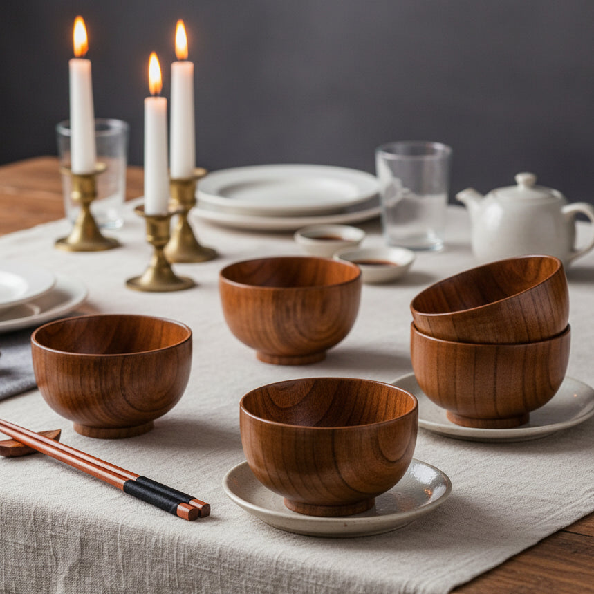 Set of wooden bowls on a textured surface with chopsticks and pine cones.