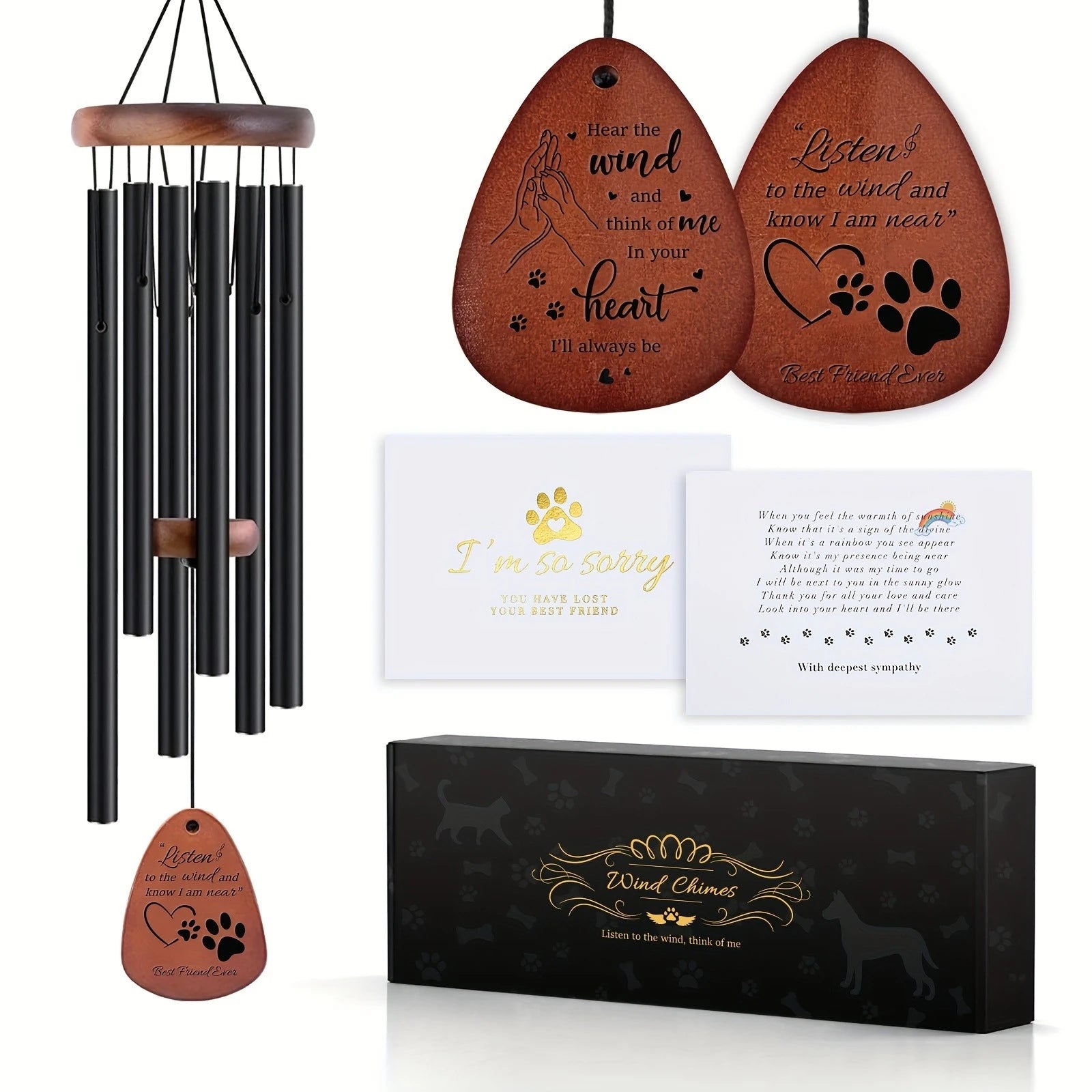 Dog Memorial Wind Chimes - Sympathy Gift for Pet Loss, Metal Tubes & Consolation Gift Cards (Black) | Bereaved Gift for Dog Love