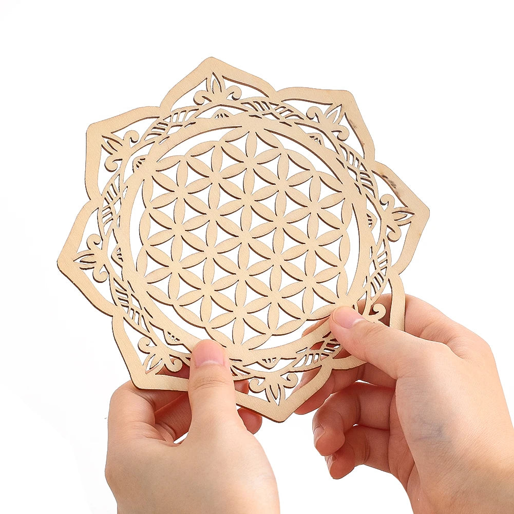 1PC Harmonious Flower of Life Diagram Decorative Boards Wooden Laser Carving Meditation Plate Carved Coaster Creative Home Decor