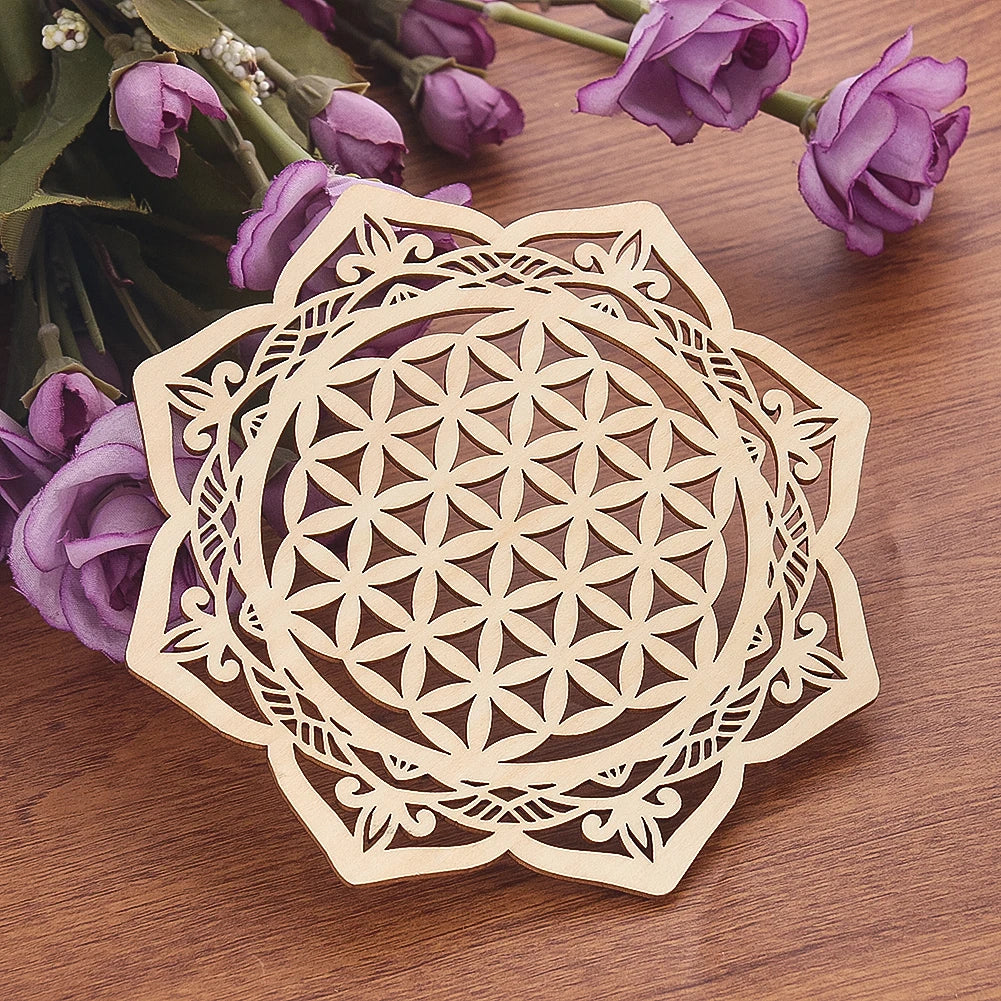 1PC Harmonious Flower of Life Diagram Decorative Boards Wooden Laser Carving Meditation Plate Carved Coaster Creative Home Decor