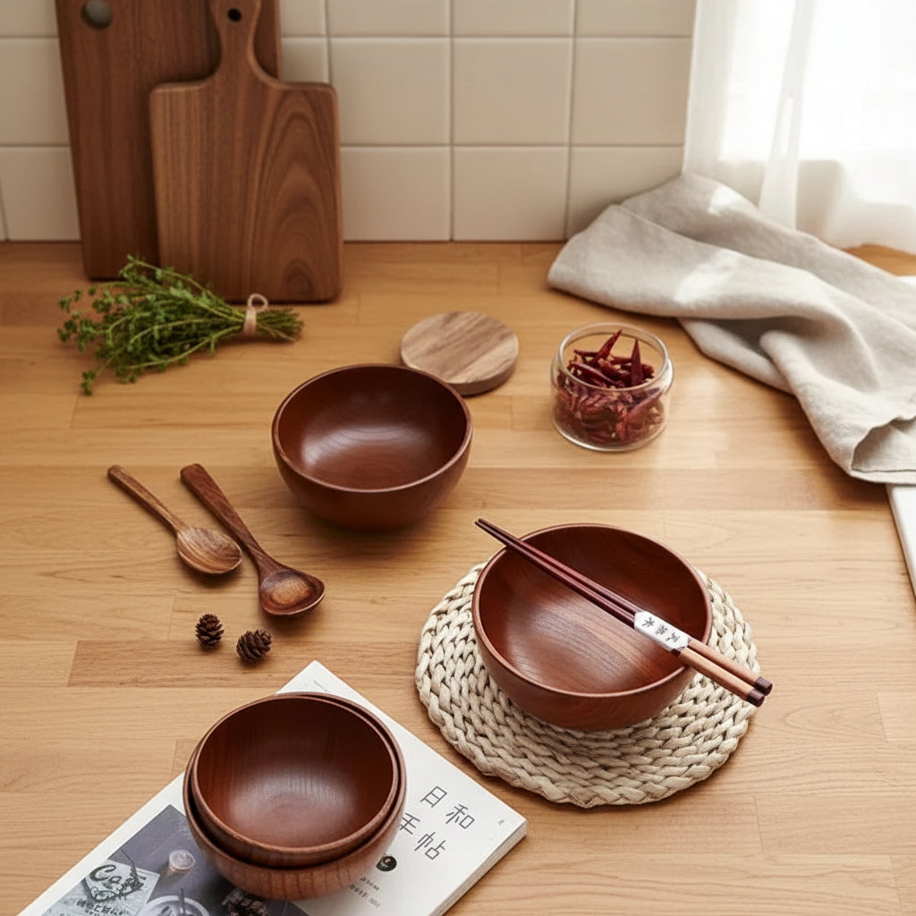 Japanese Style Wooden Bowl Jujube Wooden Bowl Round Large Soup Bowl Creative Children's Rice Bowl Tableware