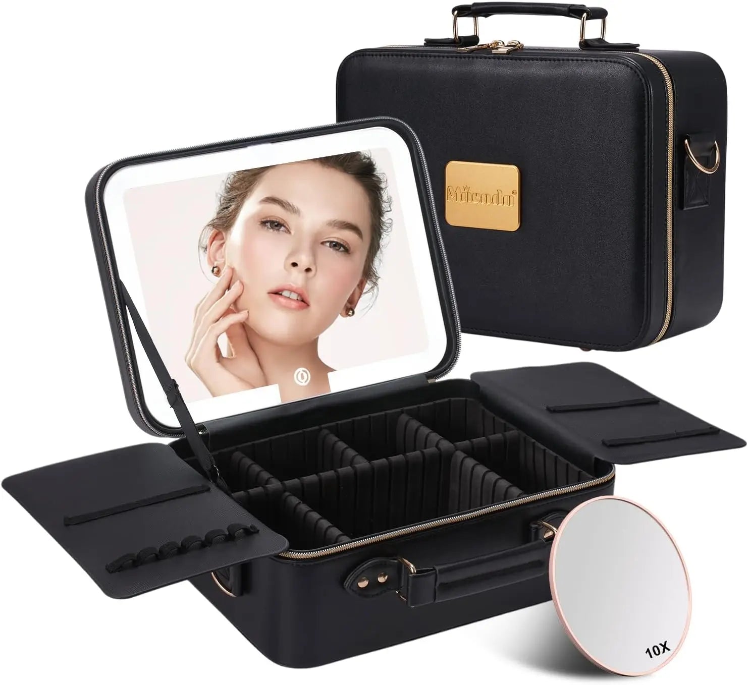 Travel Makeup Bag with LED Lighted Mirror, 3 Color Settings, 10x Magnifier, Adjustable Dividers - Black
