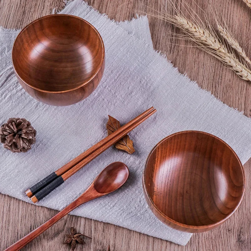 Japanese Style Acacia Wooden Bowl for Children's Dining Anti DropBowl Exclusive Wooden Bowl Retro Home Tableware Set Salad Bowl