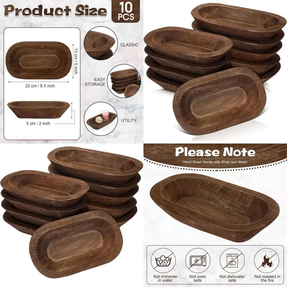 8.5 Inch Wooden Dough Bowls Set of 10 - Rustic, Bulk for DIY, Weddings, Home Crafts, and Decorations (Brown)