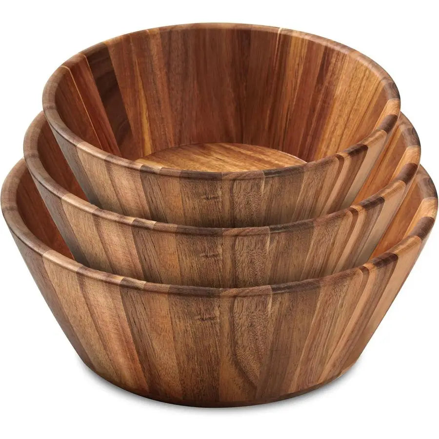 Wooden Bowls, Wooden Salad Bowl Set of 3 Round Design Large Salad Bowl Set for Serving, Handmade, Durable and Stylish Natural Wo