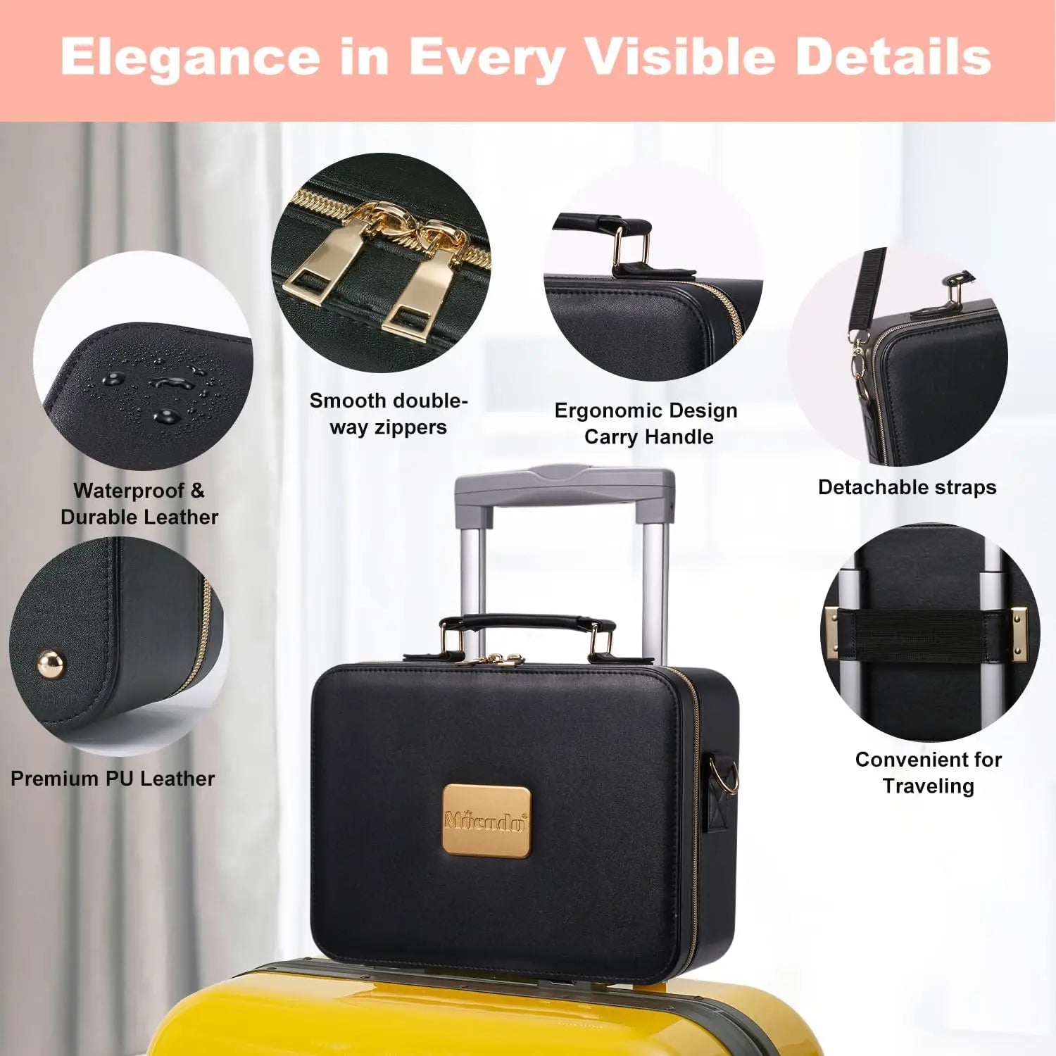 Travel Makeup Bag with LED Lighted Mirror, 3 Color Settings, 10x Magnifier, Adjustable Dividers - Black