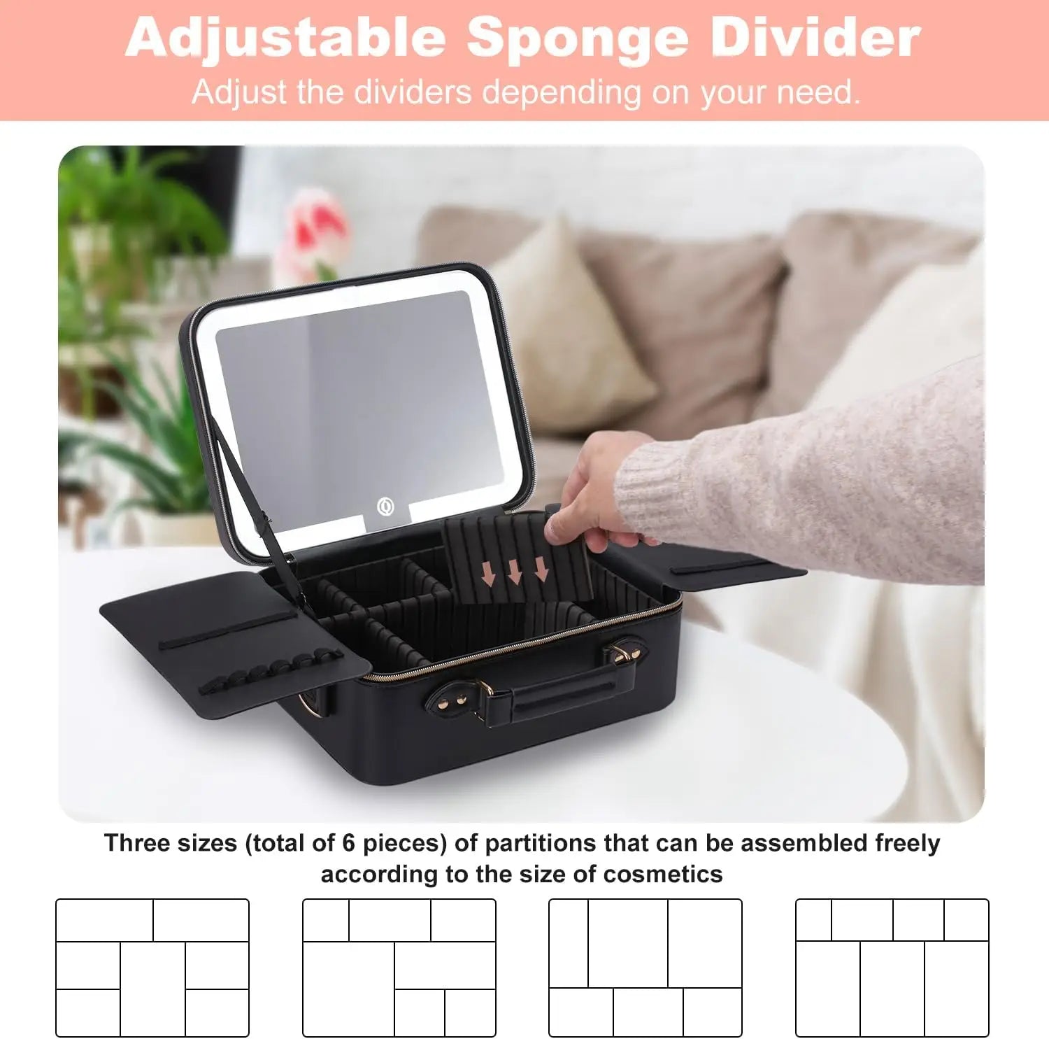 Travel Makeup Bag with LED Lighted Mirror, 3 Color Settings, 10x Magnifier, Adjustable Dividers - Black