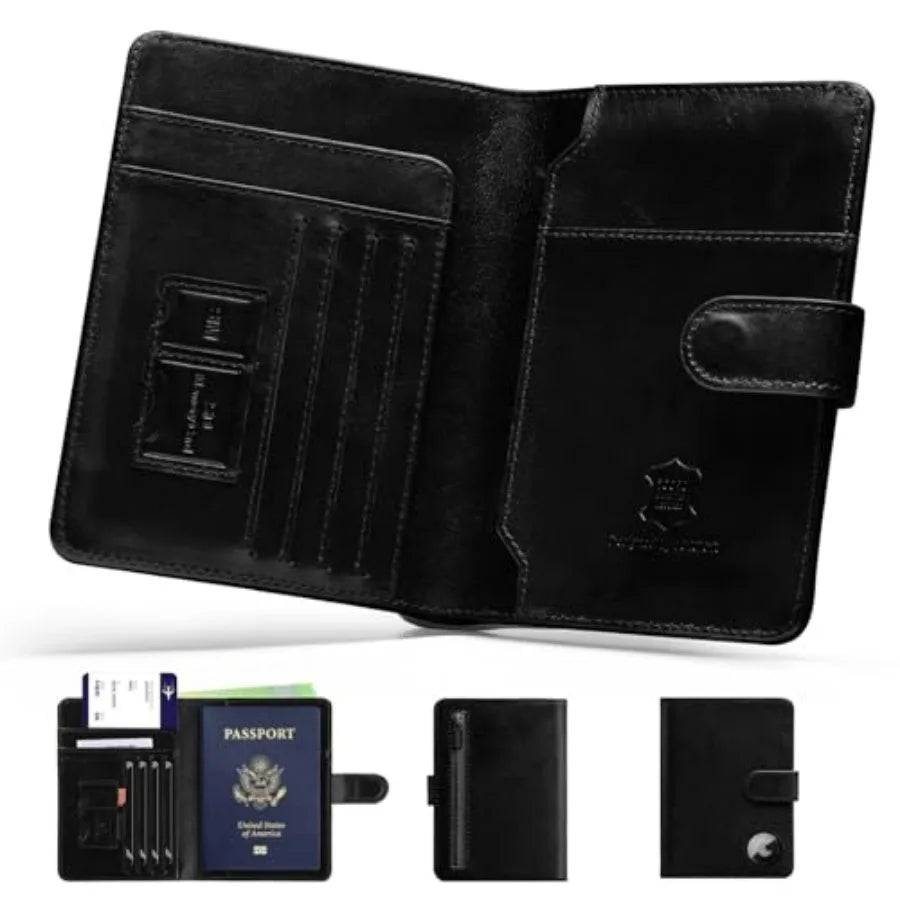 Passport Holder for Travel: Full Grain Leather Passport Cover with Airtag Holder Magnetic Buckle for Men - RFID Blocking Bifold