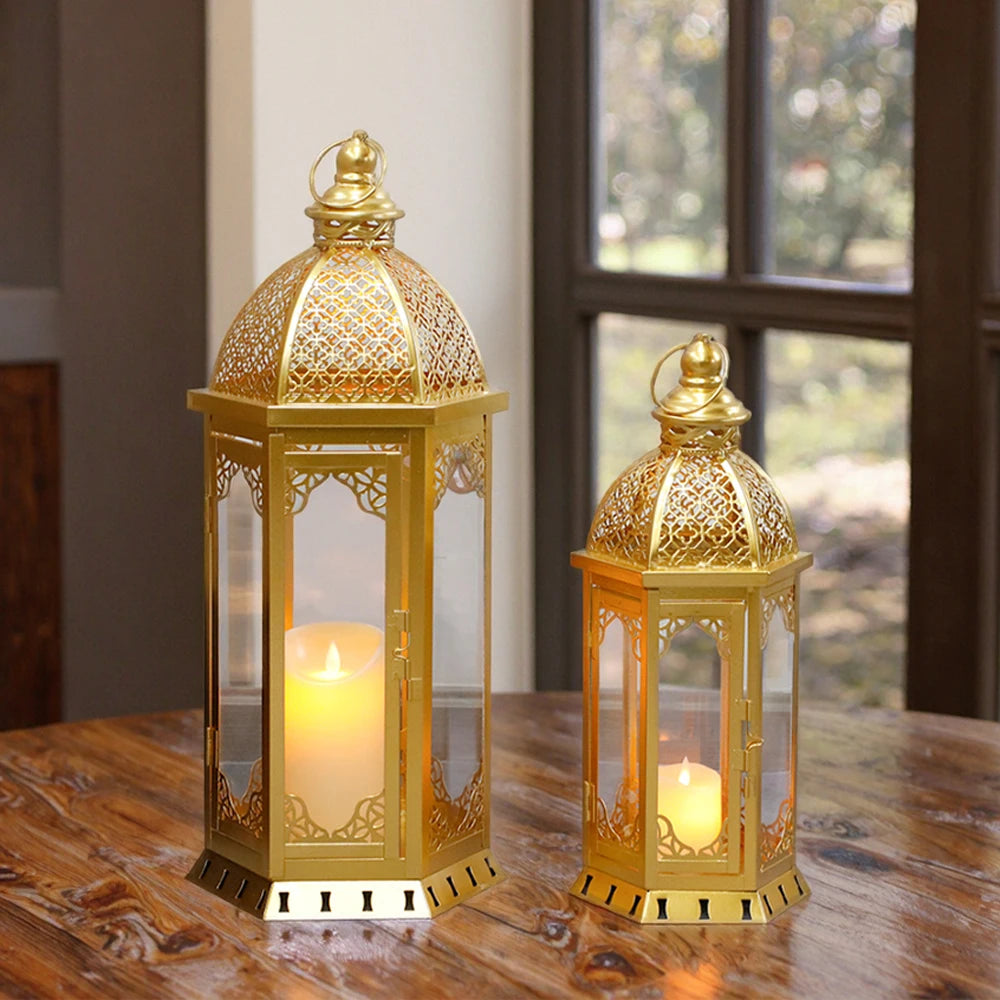 Set of 2 Decorative Candle Lanterns 22"&17" H Vintage Metal Candle Holderr(Gold)